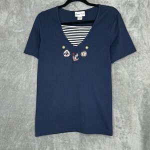 Bonnie Evans L Large Top Shirt Navy Blue Solid Scoop Neck Short Sleeve Nautical